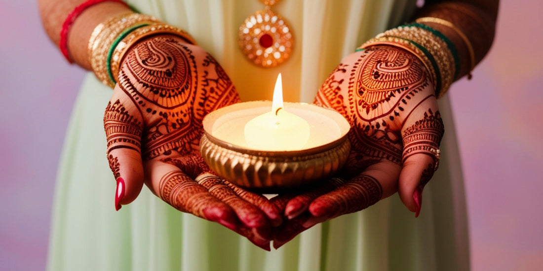 Desi inspired candle surrounded by South Asian fragrance references including chai, cardamom, saffron, fruit, and florals