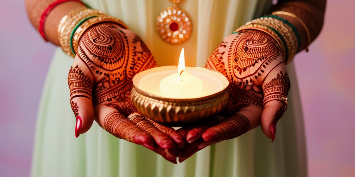 Desi inspired candle surrounded by South Asian fragrance references including chai, cardamom, saffron, fruit, and florals